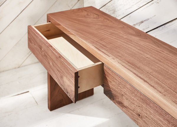 wood console with soft close drawers